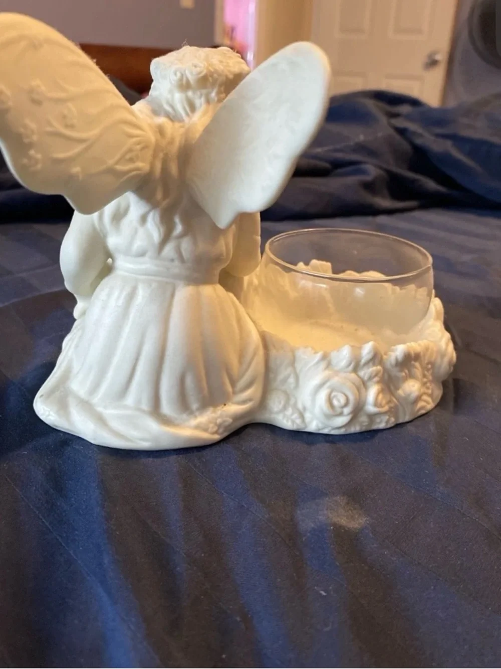 PartyLite White Ceramic Fairy Tealight Holder with Rose Motif